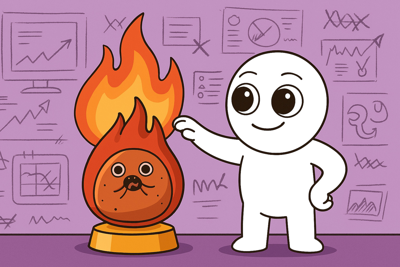 MC standing proudly beside a polished flaming Potato sculpture, with messy crypto UX sketches faded in the background