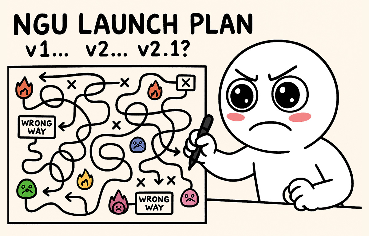MC, the NGU mascot, navigating a chaotic and hilarious flowchart labeled "NGU Launch Plan v1… v2… v2.1?" with wrong turns, flaming potatoes, and loop-the-loops.