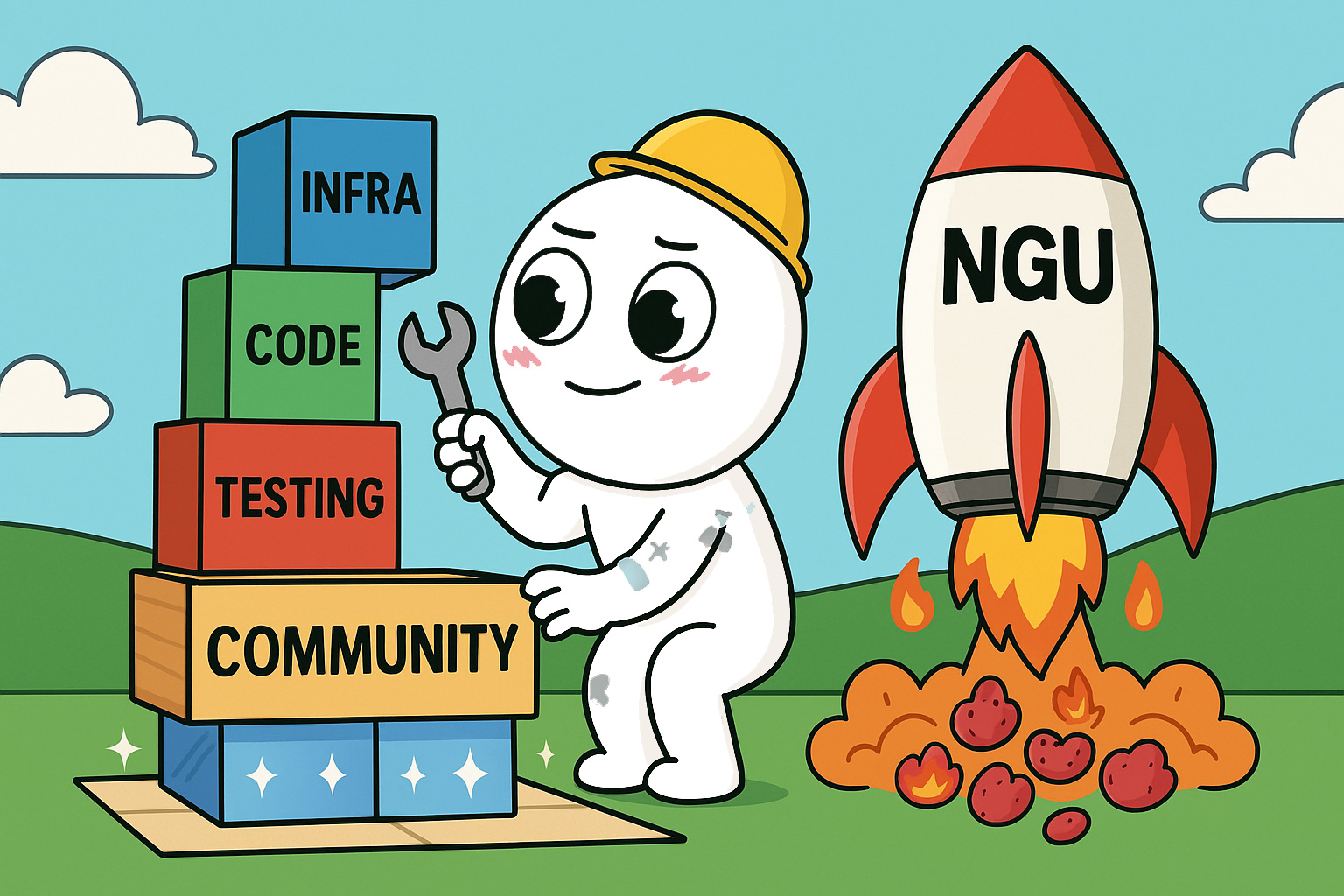 Cartoon mascot stacking large labeled blocks like INFRA, CODE, TESTING, and COMMUNITY on a clean, glowing foundation beside an NGU rocket taking off