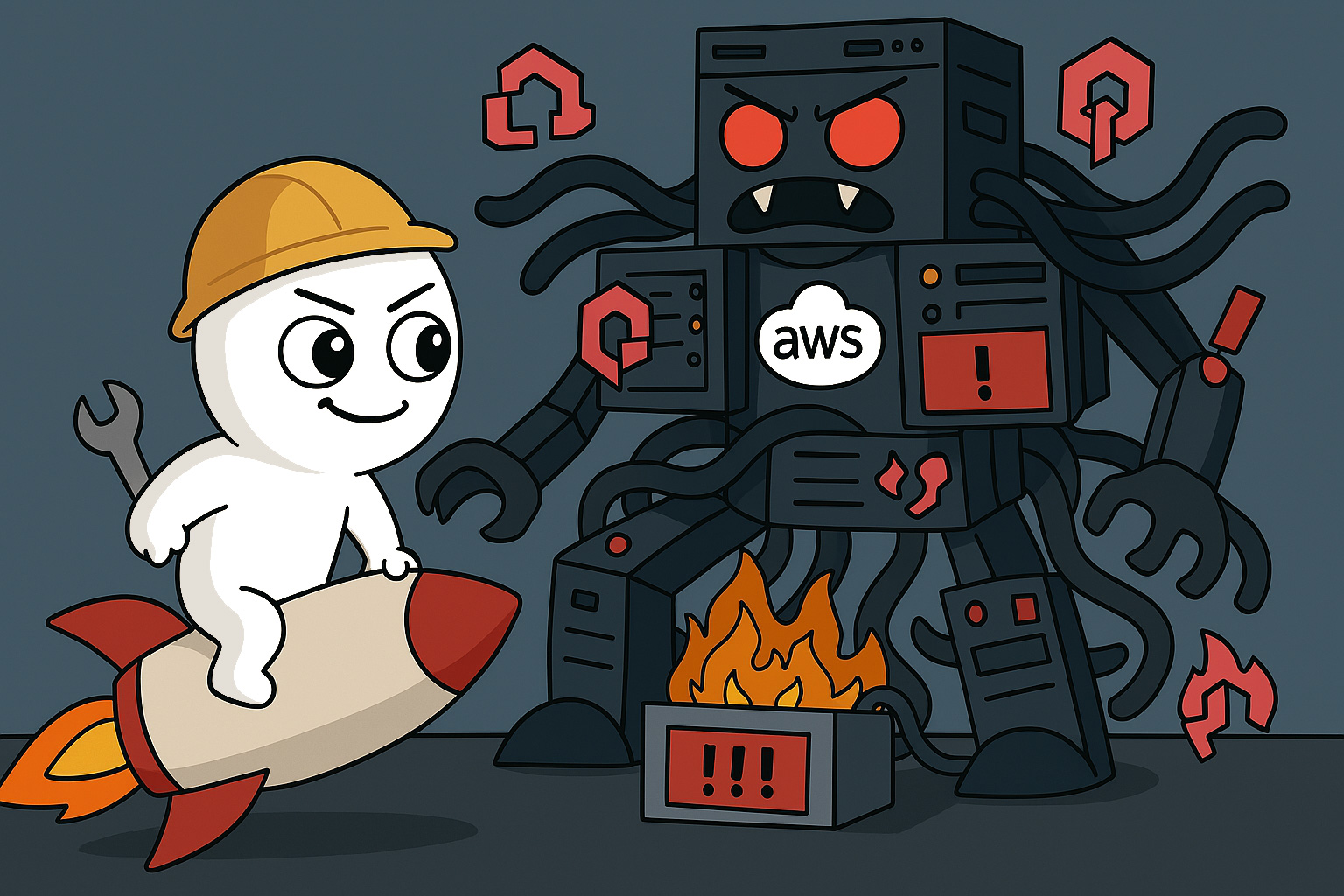 MCmascot with a sly, determined expression riding a rocket labeled NGU, preparing to face off against a giant boss made of tangled servers, AWS icons, and error messages