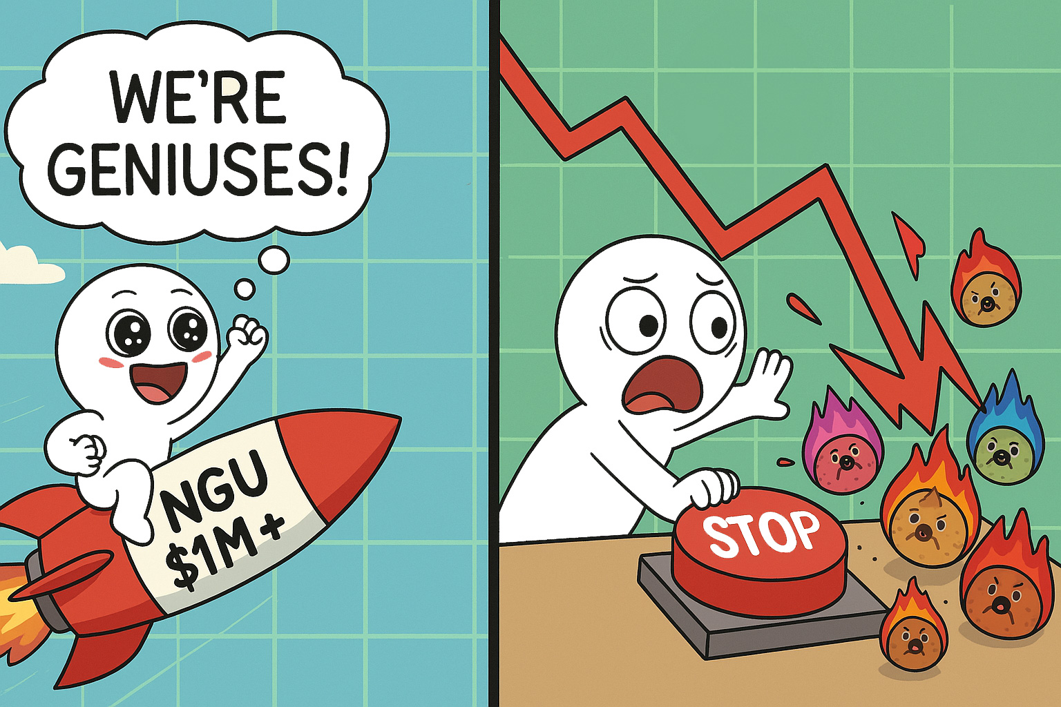 Two-panel cartoon of MC the mascot riding a rocket labeled "NGU $1M+" while cheering, then panicking and slamming a giant red "STOP" button as the rocket nosedives, spewing flaming potatoes.